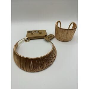 NWT Gold Tone Unique Multi Wire Choker Necklace, Cuff Bracelet & Stud Earrings